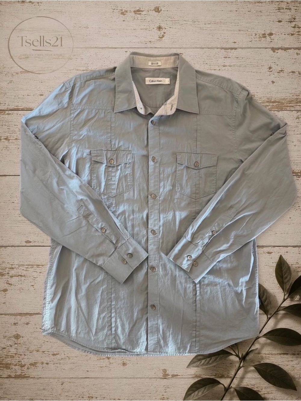 Calvin Klein Grey Long-Sleeve Utility Button-Down Shirt - Size L